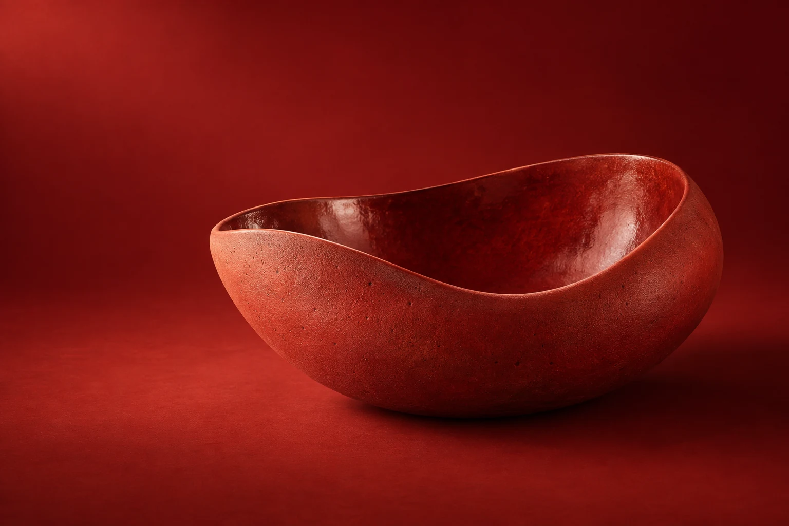A warm red ceramic vessel with graceful, organic curves